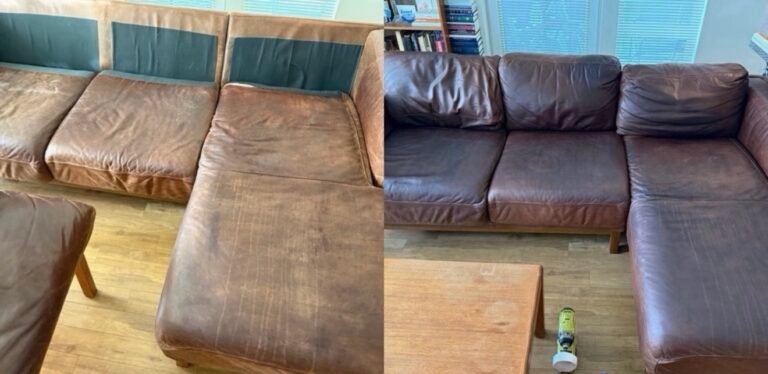 Side-by-side photos of a leather sectional sofa before and after cleaning