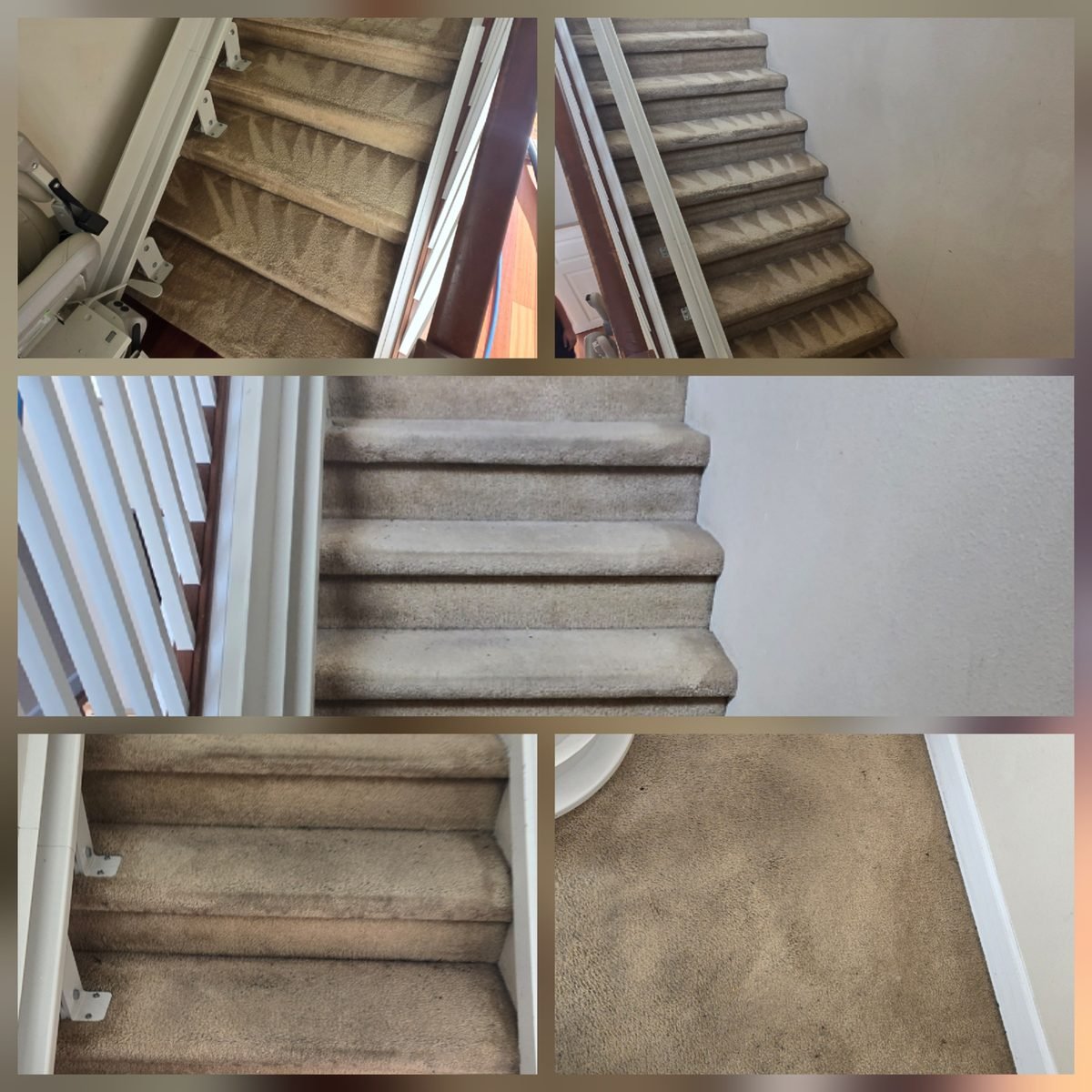 Carpeted stairs before and after deep cleaning by Olsen Restoration Carpet Cleaning